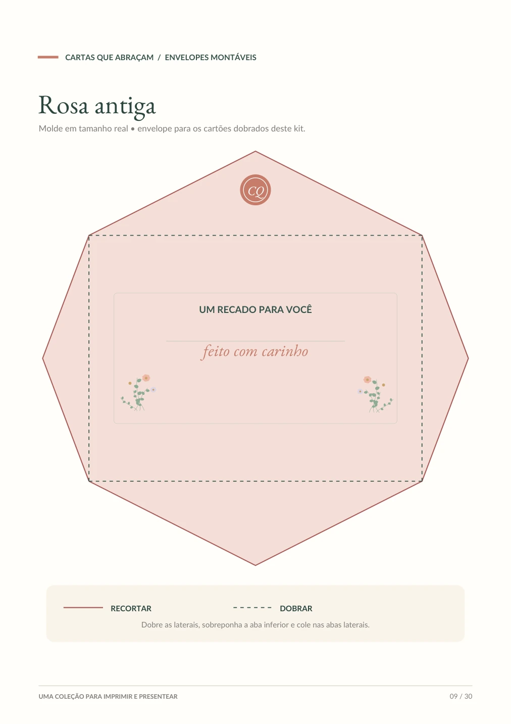Página verdadeira com molde do envelope Rosa Antiga