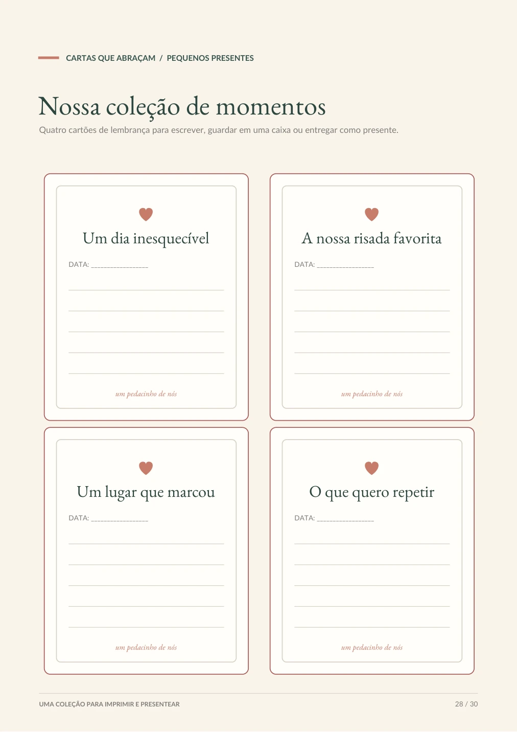 Cartões para escrever recordações e momentos